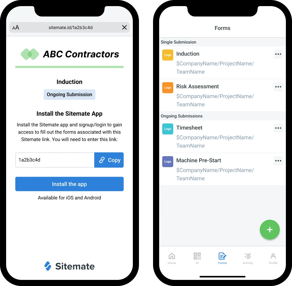Web URL form submission: install the Sitemate app to access the shared forms